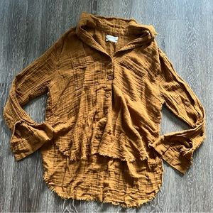 Urban Outfitters Luca Gauze Frayed Hem Button Down Shirt - Brown/Tan